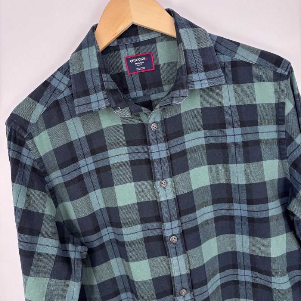 UNTUCKit Flannel Shirt Mens Medium Slim Fit Green Navy Plaid 100% Cotton Fall